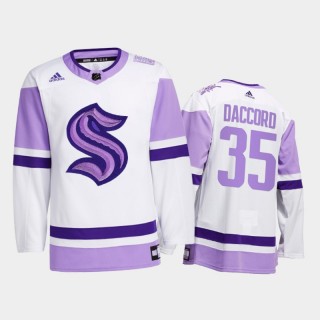 Joey Daccord #35 Seattle Kraken 2021 HockeyFightsCancer White Special Jersey