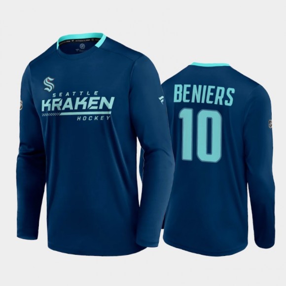 Men Seattle Kraken Matty Beniers #10 Authentic Pro Long Sleeve Locker Room Navy T-Shirt